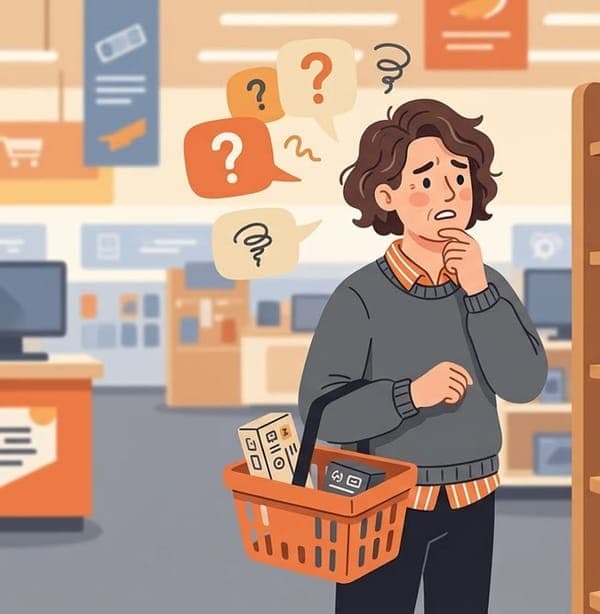 A confused parent in front of a shelf of PC components