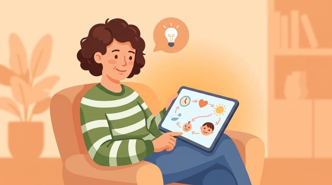 A relaxed parent reading the guide on a tablet